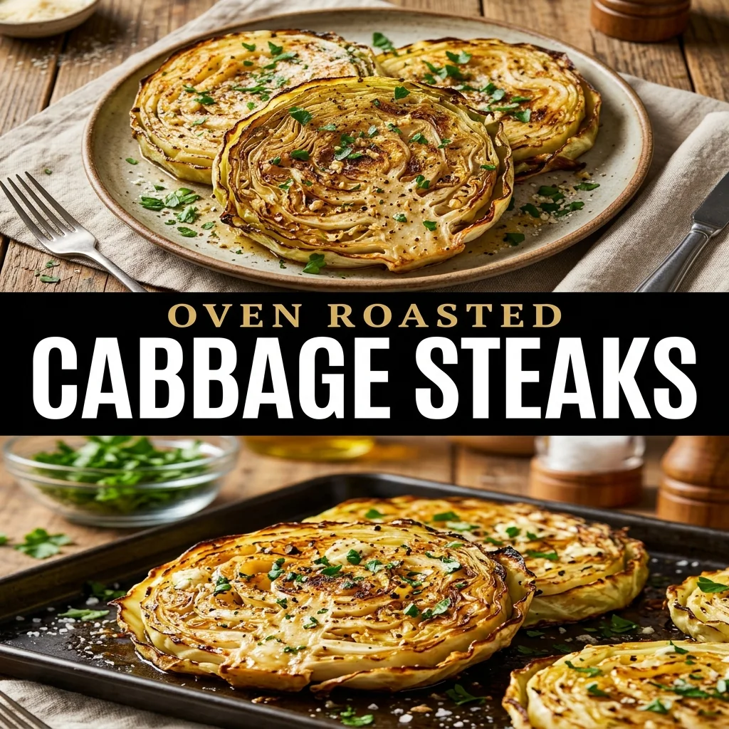Golden oven roasted cabbage steaks with garlic and parsley