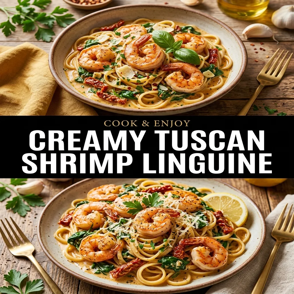Creamy Tuscan Shrimp Linguine recipe poster