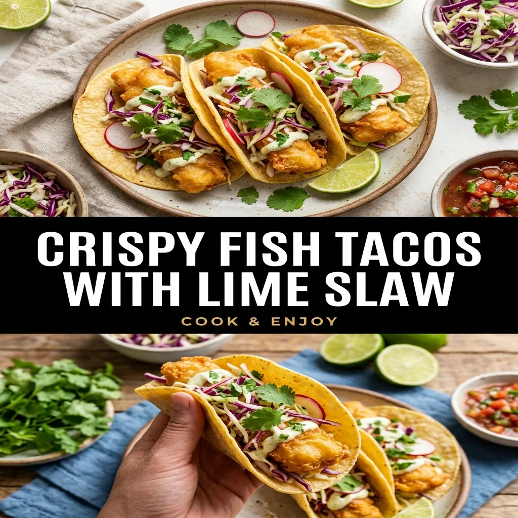 Crispy Fish Tacos with Lime Slaw recipe poster
